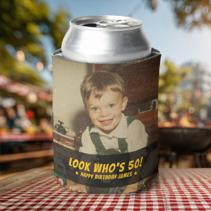 Look Who's 50 Retro Birthday Party Favor Photo Can Cooler