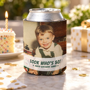 Look Who's 50 Retro Birthday Party Favor Photo Can Cooler