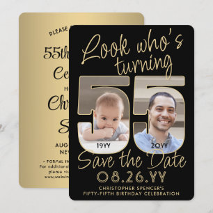 Look Who's 55 Black & Gold 2 Photo Birthday Party Save The Date