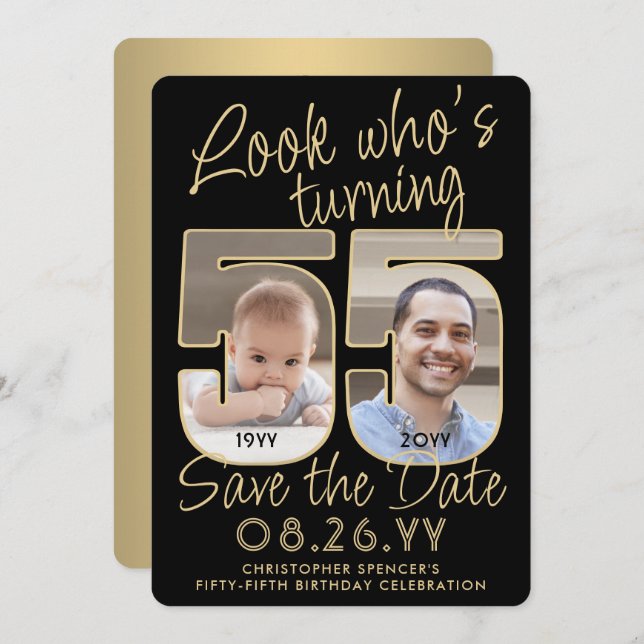 Look Who's 55 Black & Gold 2 Photo Birthday Party Save The Date (Front/Back)