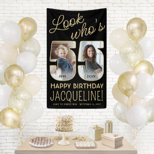 Look Who's 55 Black & Gold Birthday Party 2 Photo Banner