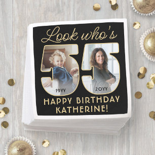 Look Who's 55 Black & Gold Birthday Party 2 Photo Napkins