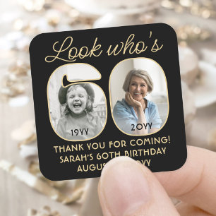 Look Who's 60 Black & Gold Birthday Party 2 Photo Square Sticker