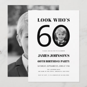Look Who's 60 Black White Kid Photo 60th Birthday Invitation