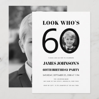 Look Who's 60 Black White Kid Photo 60th Birthday Invitation