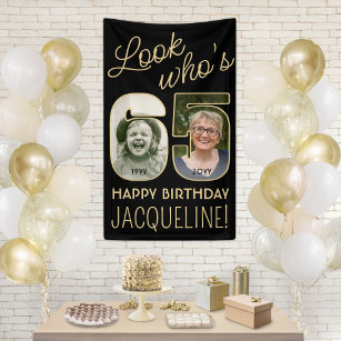 Look Who's 65 Black & Gold 2 Photo Birthday Party Banner