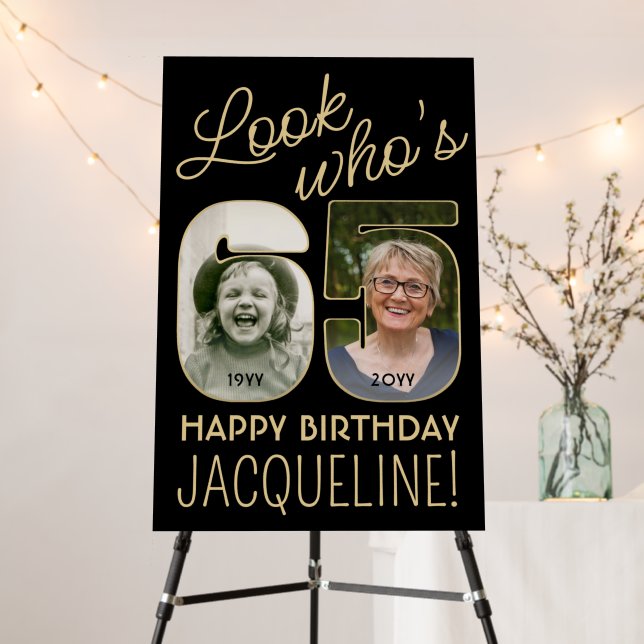 Look Who's 65 Black & Gold 2 Photo Birthday Party Foam Board (In Situ (Stand))