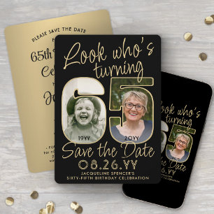 Look Who's 65 Black & Gold 2 Photo Birthday Party Save The Date