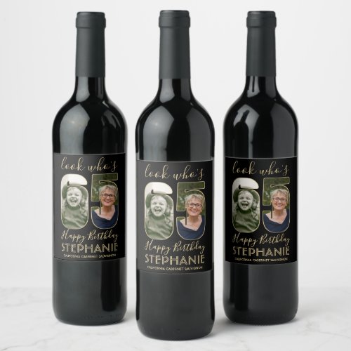 Look Whos 65 Black  Gold 2 Photo Birthday Party Wine Label