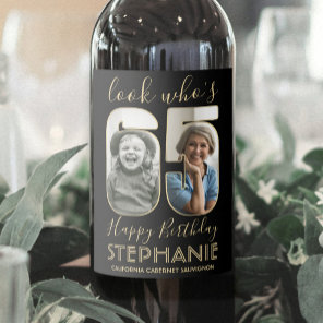 Look Who's 65 Black & Gold 2 Photo Birthday Party Wine Label
