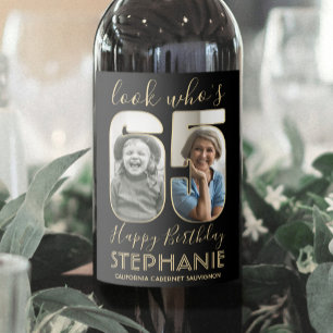 Look Who's 65 Black & Gold 2 Photo Birthday Party Wine Label