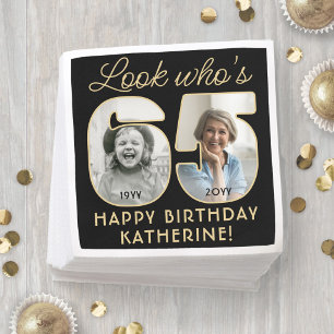 Look Who's 65 Black & Gold Happy Birthday 2 Photo Napkins