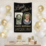 Look Who's 70 Black & Gold 2 Photo Birthday Party Banner<br><div class="desc">Look who's 70! Celebrate a happy 70th birthday for him or her with a custom 2 photo vertical banner. Pictures and wording on this template are simple to personalize. (IMAGE PLACEMENT TIP: An easy way to position a photo exactly how you want is to crop it before uploading to the...</div>