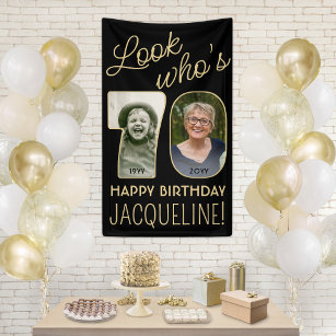 Look Who's 70 Black & Gold 2 Photo Birthday Party Banner