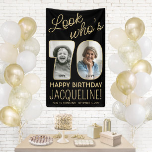 Look Who's 70 Black & Gold 2 Photo Birthday Party Banner