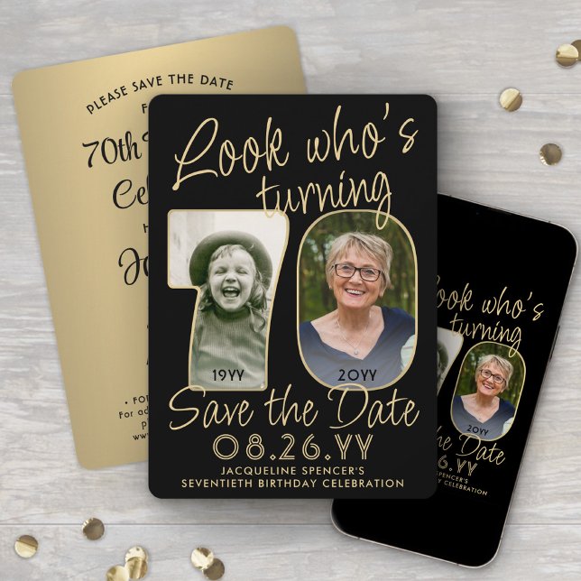 Look Who's 70 Black & Gold 2 Photo Birthday Party Save The Date (Creator Uploaded)