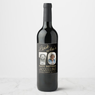 Look Who's 70 Black & Gold 2 Photo Birthday Party Wine Label