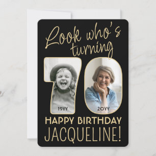 Look Who's 70 Black & Gold Birthday Party 2 Photo Invitation