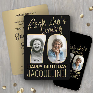 Look Who's 70 Black & Gold Birthday Party 2 Photo Invitation
