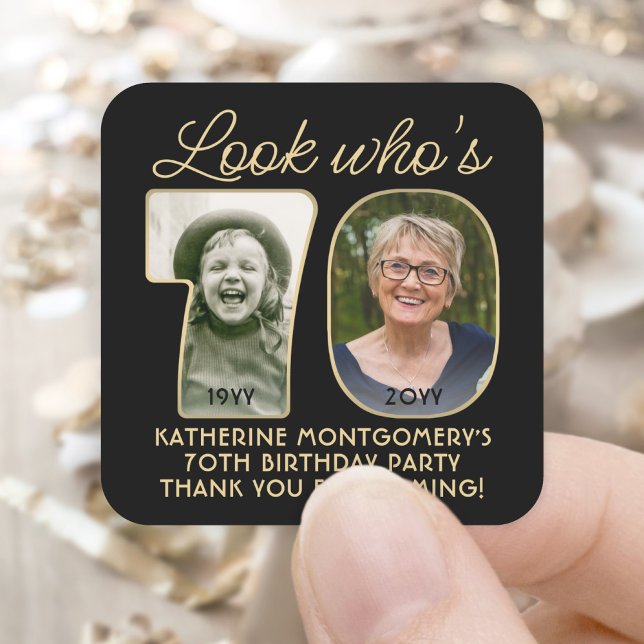 Look Who's 70 Black & Gold Birthday Party 2 Photo Square Sticker (Creator Uploaded)