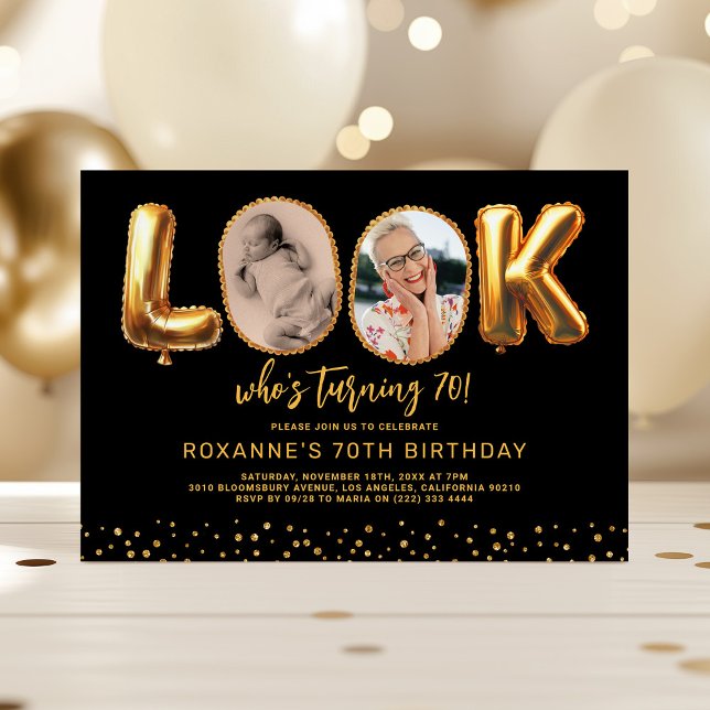 Look Who's 70 Black Gold Photo Seventy Birthday Invitation (Creator Uploaded)
