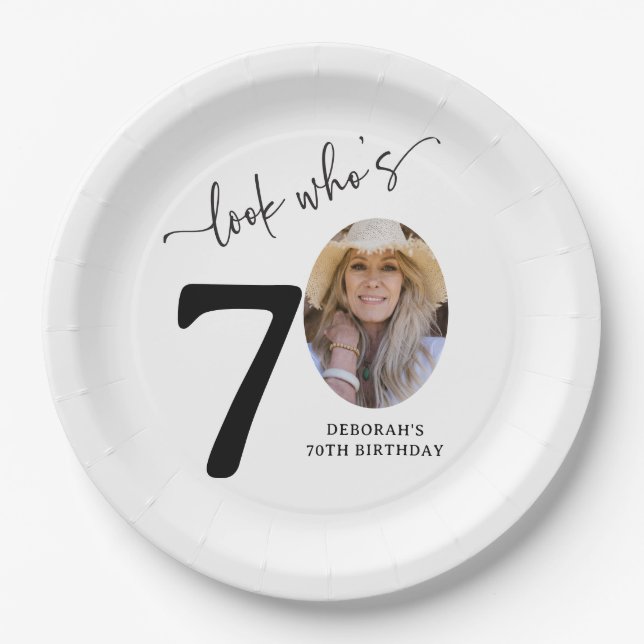 Look Who's 70! Modern Photo 70th Birthday Paper Plates (Front)