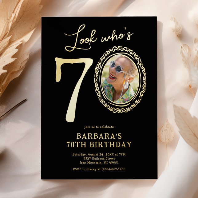 Look Who's 70 Photo Adult Birthday Foil Invitation (Creator Uploaded)
