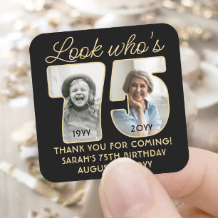 Look Who's 75 Black & Gold Birthday Party 2 Photo Square Sticker