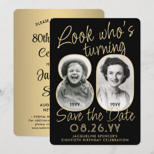 Look Who's 80 Black & Gold 2 Photo Birthday Party Save The Date