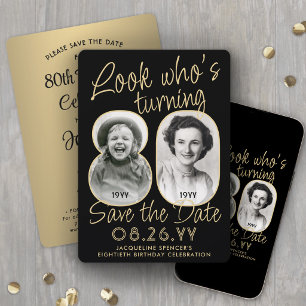 Look Who's 80 Black & Gold 2 Photo Birthday Party Save The Date