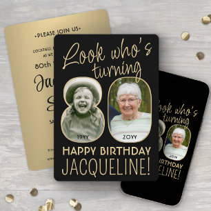 Look Who's 80 Black & Gold Birthday Party 2 Photo Invitation
