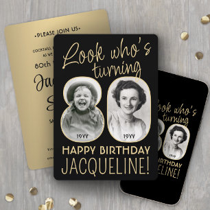 Look Who's 80 Black & Gold Birthday Party 2 Photo Invitation