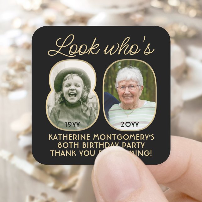 Look Who's 80 Black & Gold Birthday Party 2 Photo Square Sticker (Creator Uploaded)