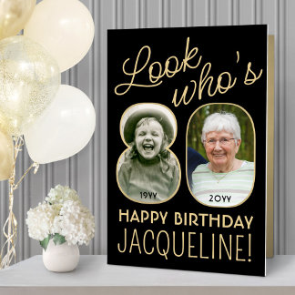 Look Who's 80 Black & Gold Giant 2 Photo Birthday Card