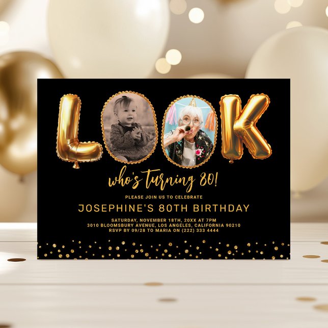 Look Who's 80 Black Gold Photo Eighty Birthday Invitation (Creator Uploaded)