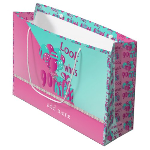 Look Whos 90  90th Birthday _ Pink and Turquoise Large Gift Bag