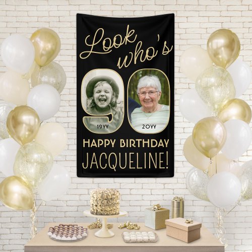 Look Whos 90 Black  Gold 2 Photo Birthday Party Banner