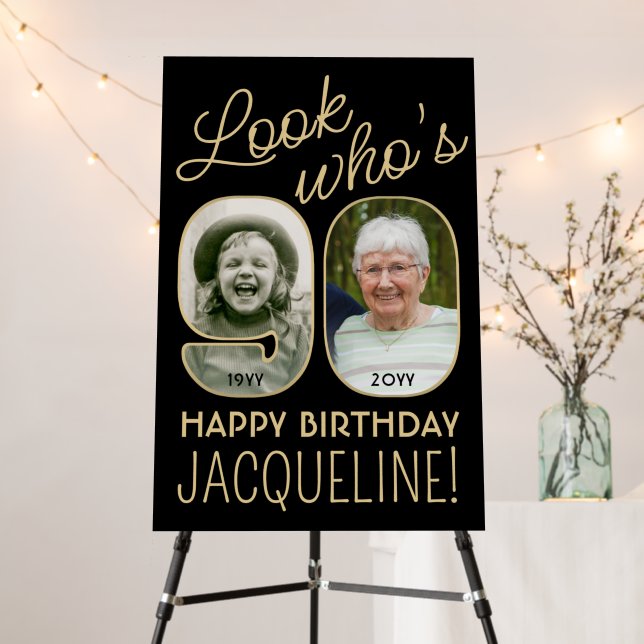 Look Who's 90 Black & Gold 2 Photo Birthday Party Foam Board (In Situ (Stand))