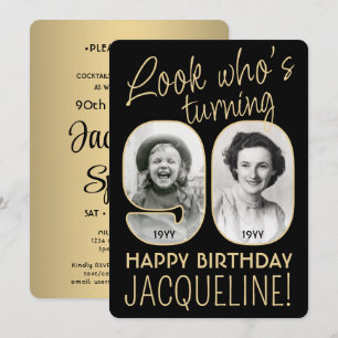 Look Who's 90 Black & Gold Birthday Party 2 Photo Invitation