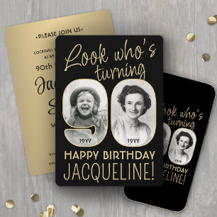 Look Who's 90 Black & Gold Birthday Party 2 Photo Invitation