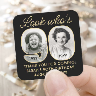 Look Who's 90 Black & Gold Birthday Party 2 Photo Square Sticker
