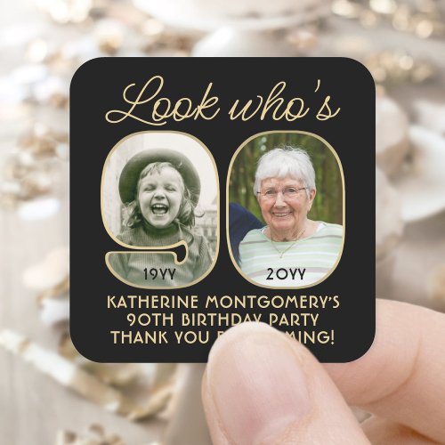 Look Whos 90 Black  Gold Birthday Party 2 Photo Square Sticker