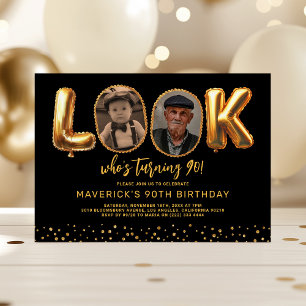 Look Who's 90 Black Gold Photo Ninety Birthday Invitation