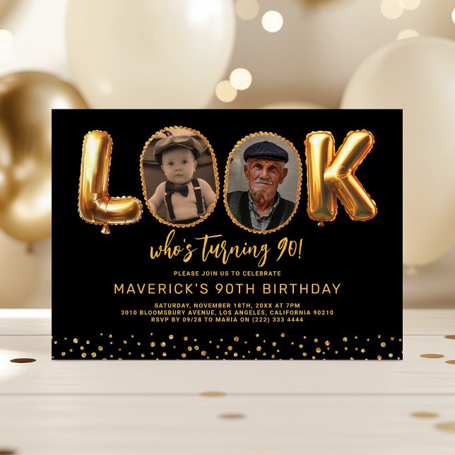 Look Who's 90 Black Gold Photo Ninety Birthday Invitation (Creator Uploaded)