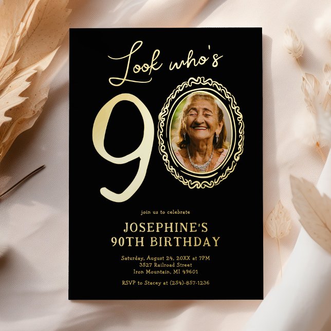 Look Who's 90 Photo Adult Birthday Foil Invitation (Creator Uploaded)