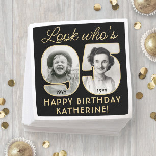 Look Who's 95 Black & Gold Happy Birthday 2 Photo Napkins