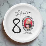 Look Who's Eighty Photo 80th Birthday Paper Plates<br><div class="desc">Celebrate your 80th birthday with a dose of humor! Our paper plates not only feature a fun phrase 'Look who's 80' but also add a personalized touch with your photo replacing the zero. Framed by a quirky doodley border and accompanied by an easy-to-edit text template, these plates are sure to...</div>