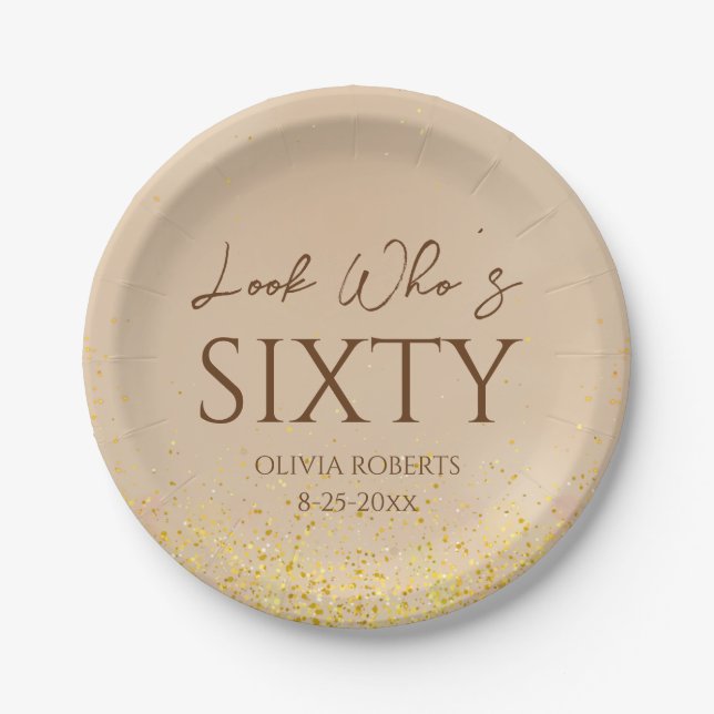 Look Who's Elegant Gold 60th Birthday Party Paper Plates (Front)