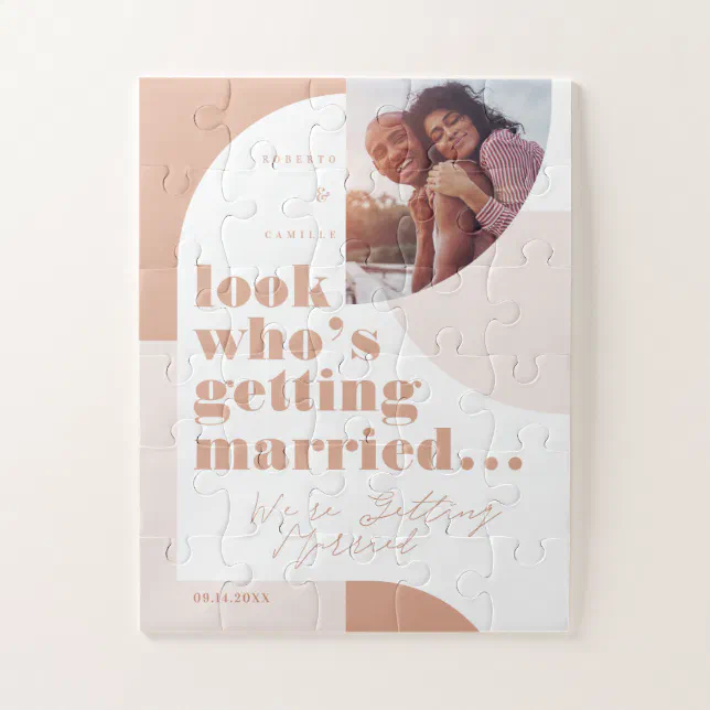 Look Who's Getting Married Geometric Blush Photo Jigsaw Puzzle | Zazzle