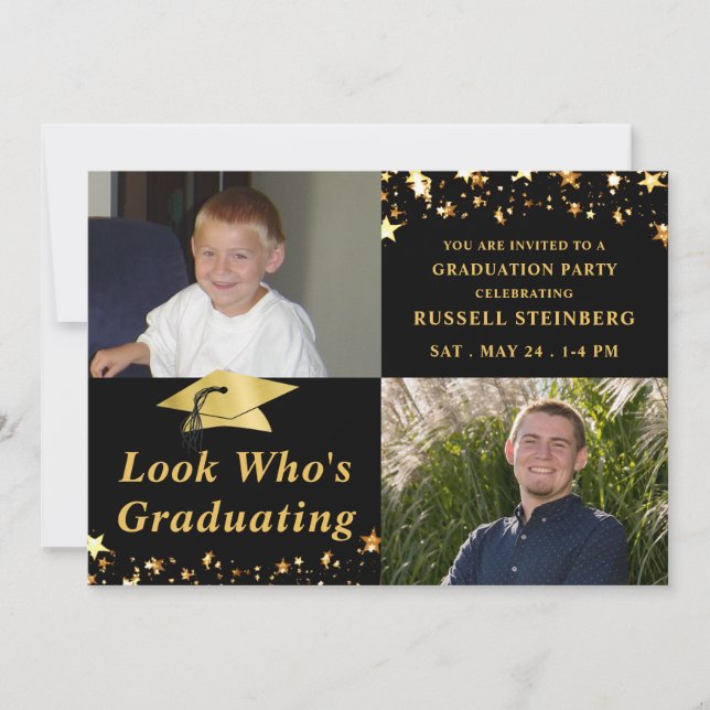 LOOK WHO'S GRADUATING Black Gold Stars Photo Invitation (Front)